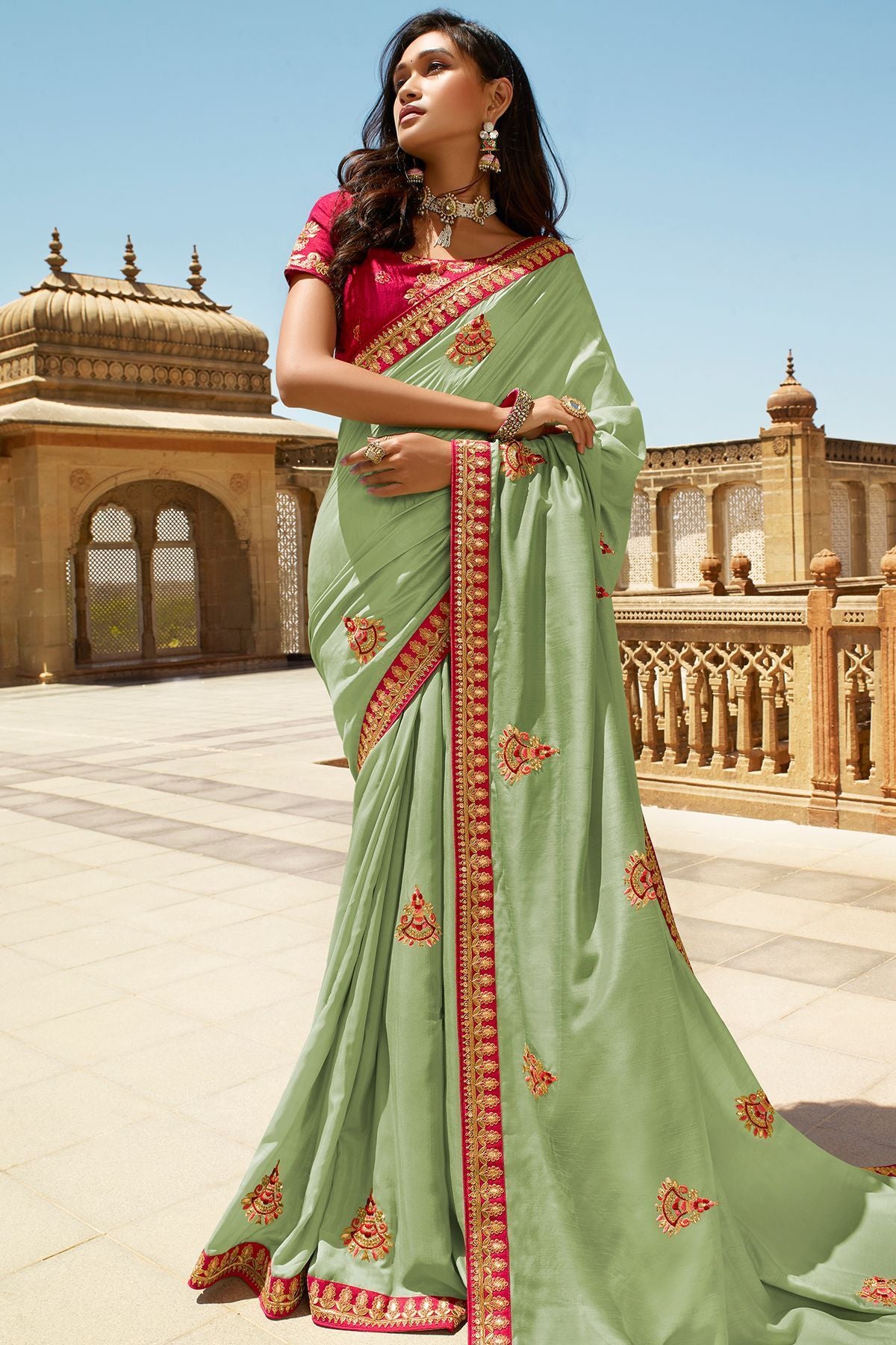 Light Green and Red Dola Silk Sari