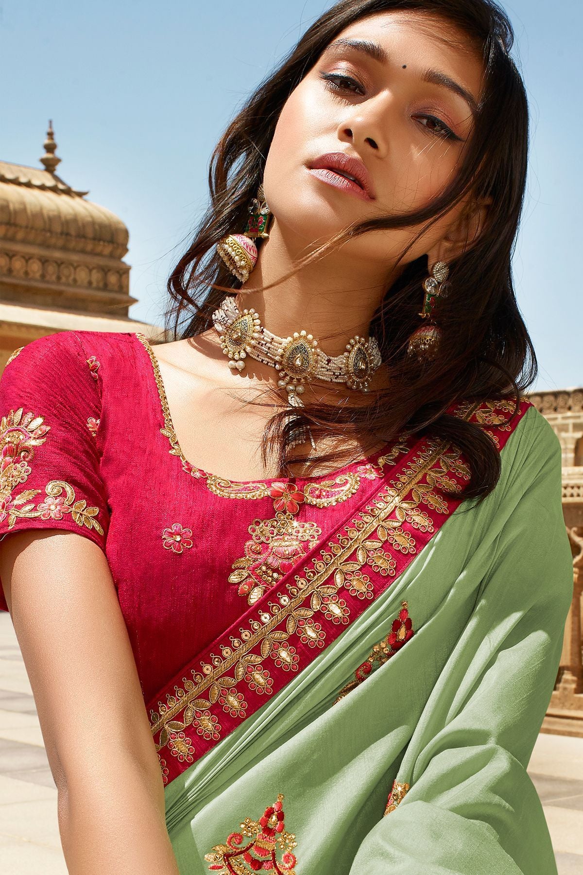 Light Green and Red Dola Silk Sari