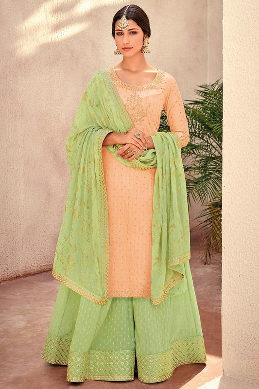 Light Peach And Mint Green Designer Palazzo Suit