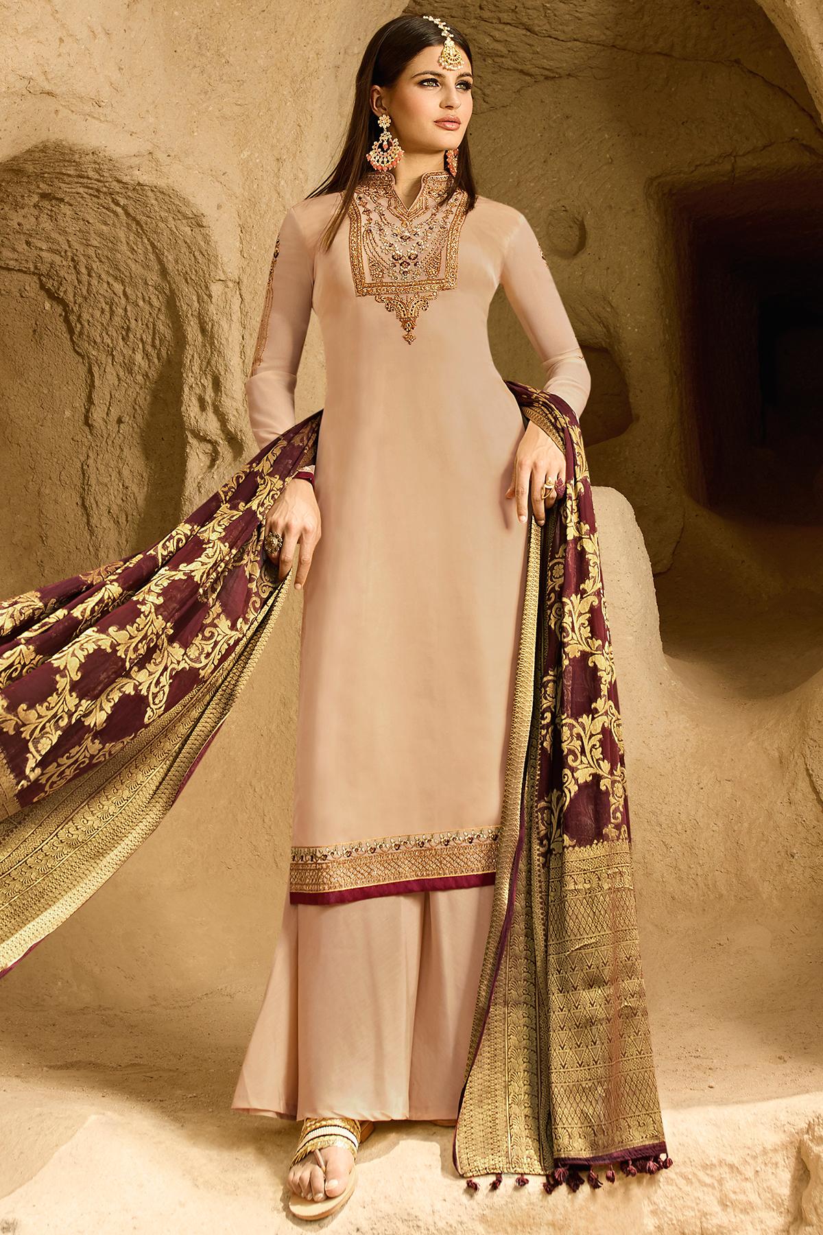 Light Peach Designer Georgette Palazzo Suit