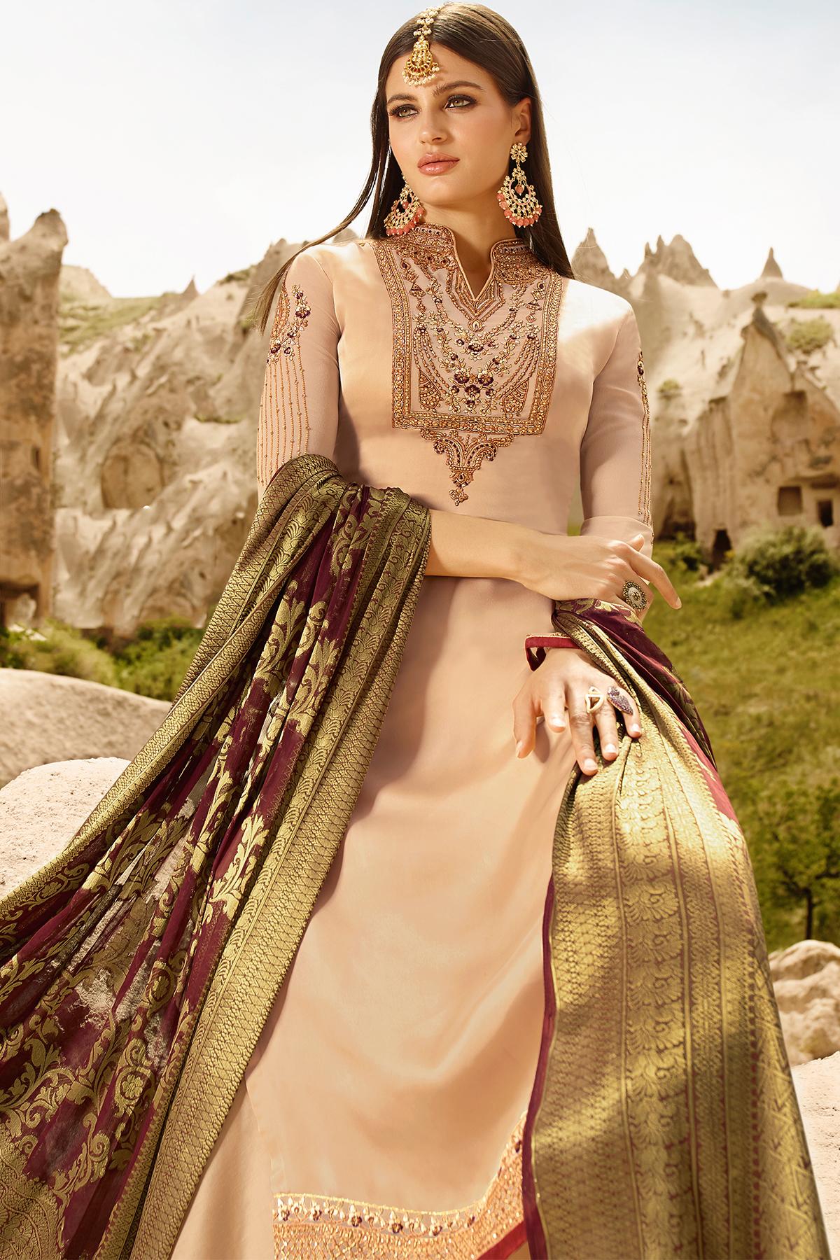 Light Peach Designer Georgette Palazzo Suit