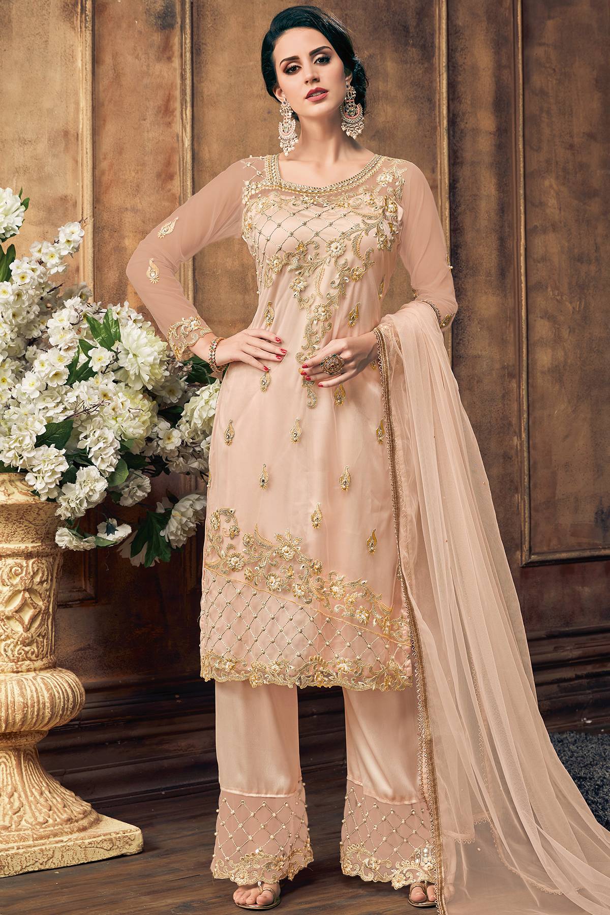 Light Peach Designer Straight Suit