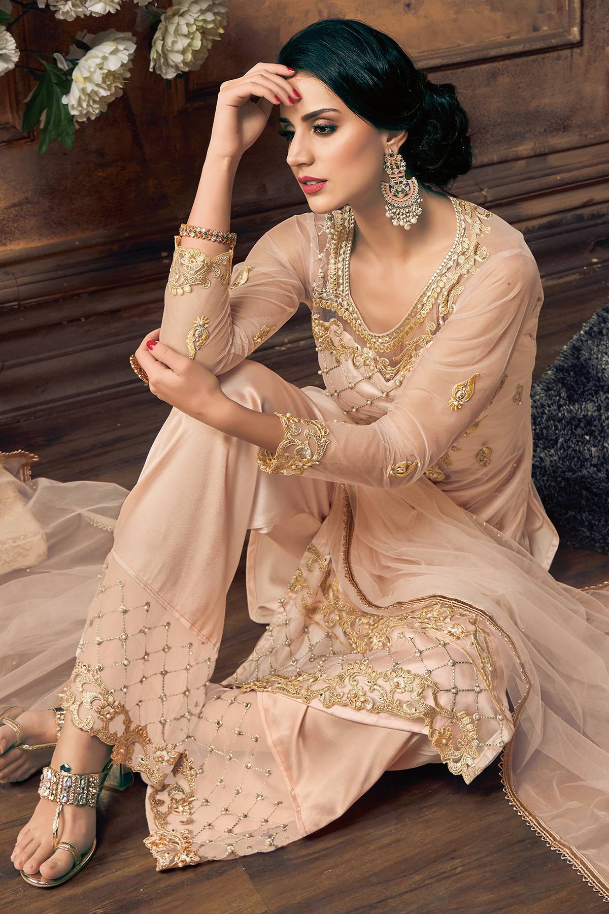 Light Peach Designer Straight Suit