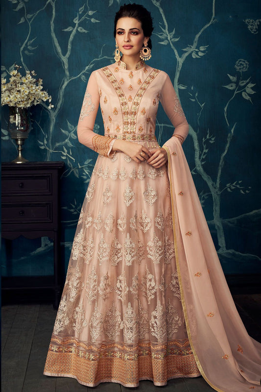 Light Peach Embroidered Party Wear Anarkali Suit
