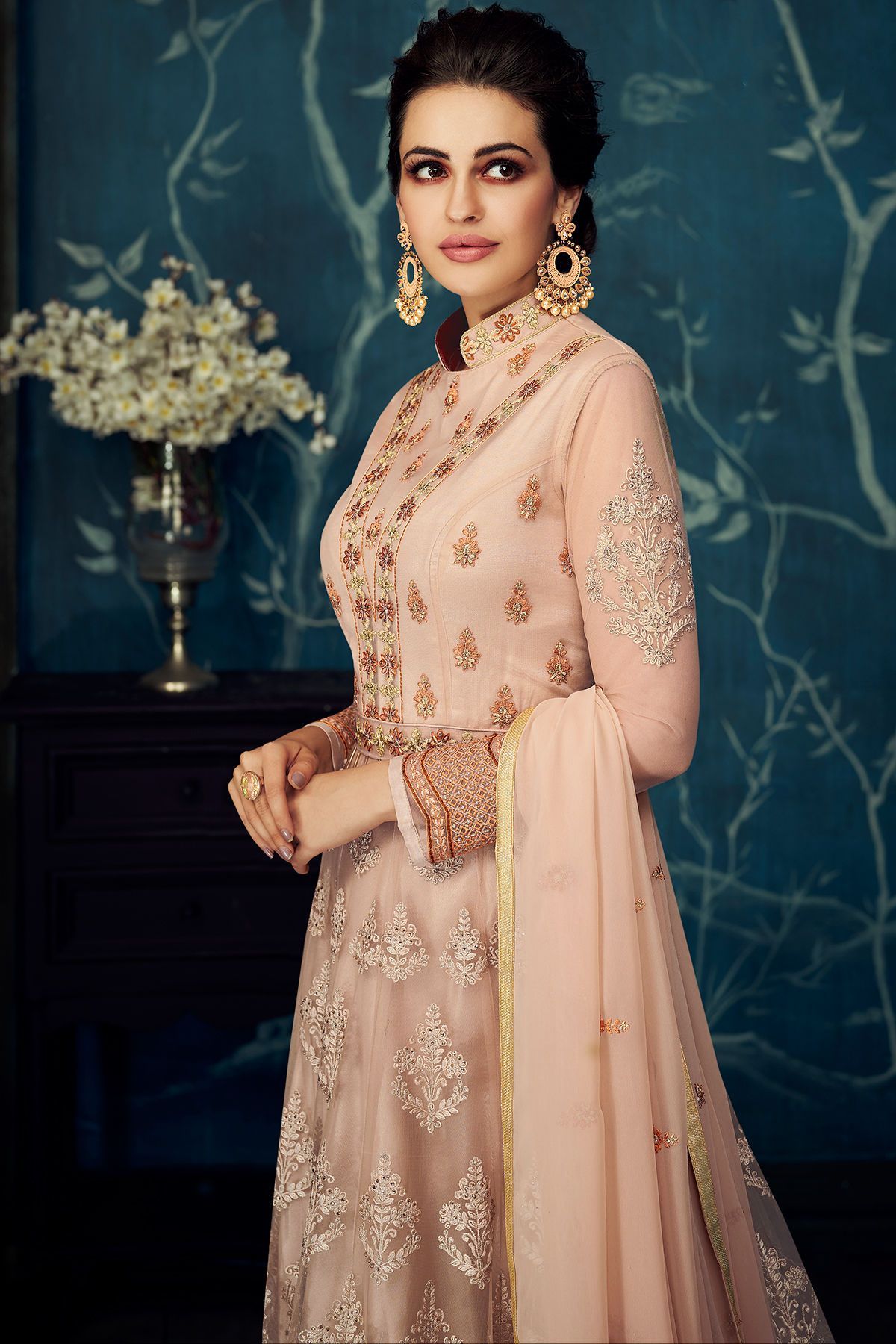 Light Peach Embroidered Party Wear Anarkali Suit