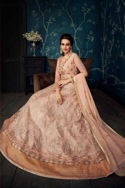 Light Peach Embroidered Party Wear Anarkali Suit