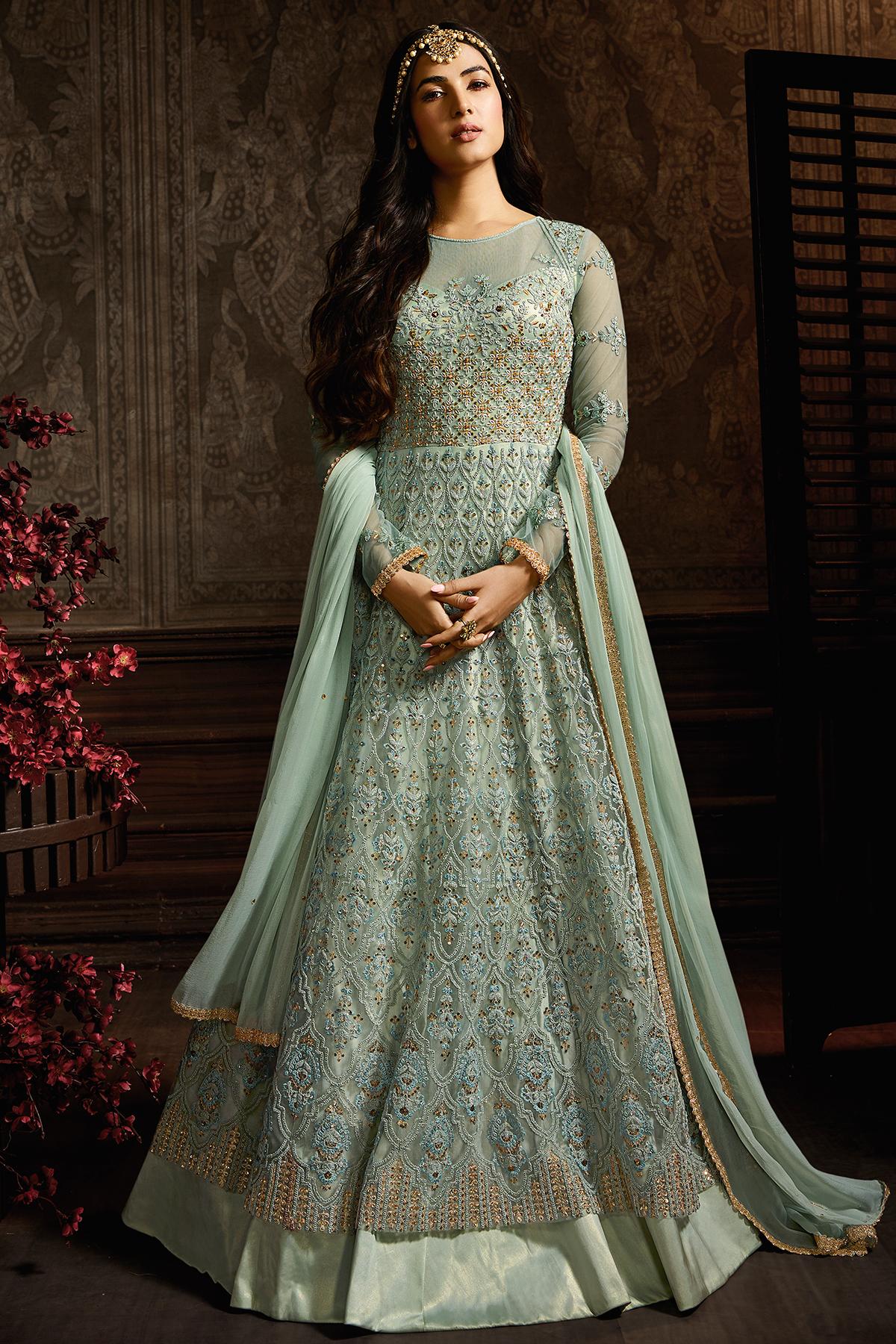 Light Teal Blue Designer Net Anarkali Suit