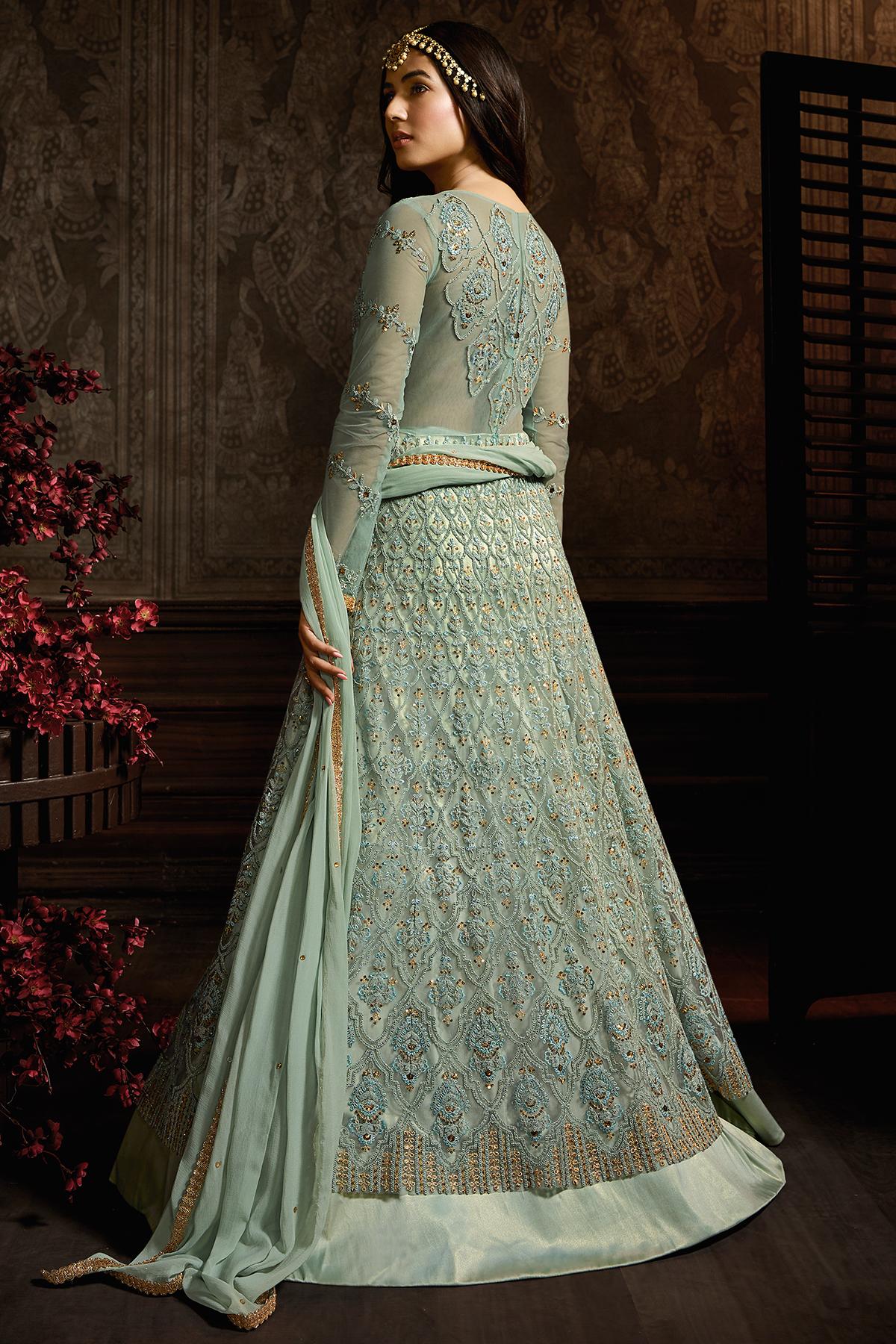 Light Teal Blue Designer Net Anarkali Suit