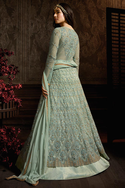 Light Teal Blue Designer Net Anarkali Suit