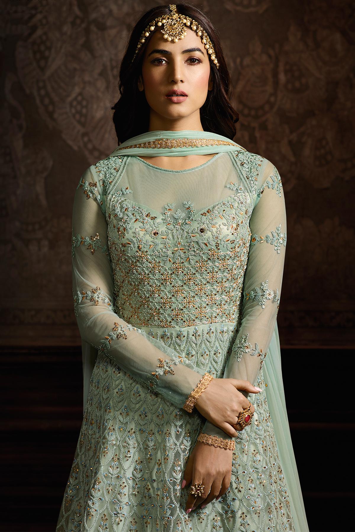Light Teal Blue Designer Net Anarkali Suit