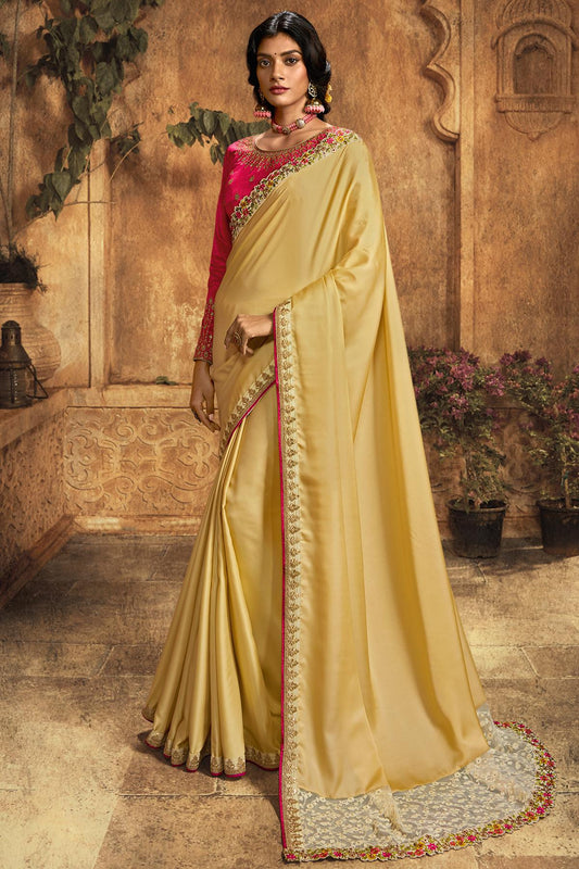 Light Yellow And Rani Designer Silk Sari