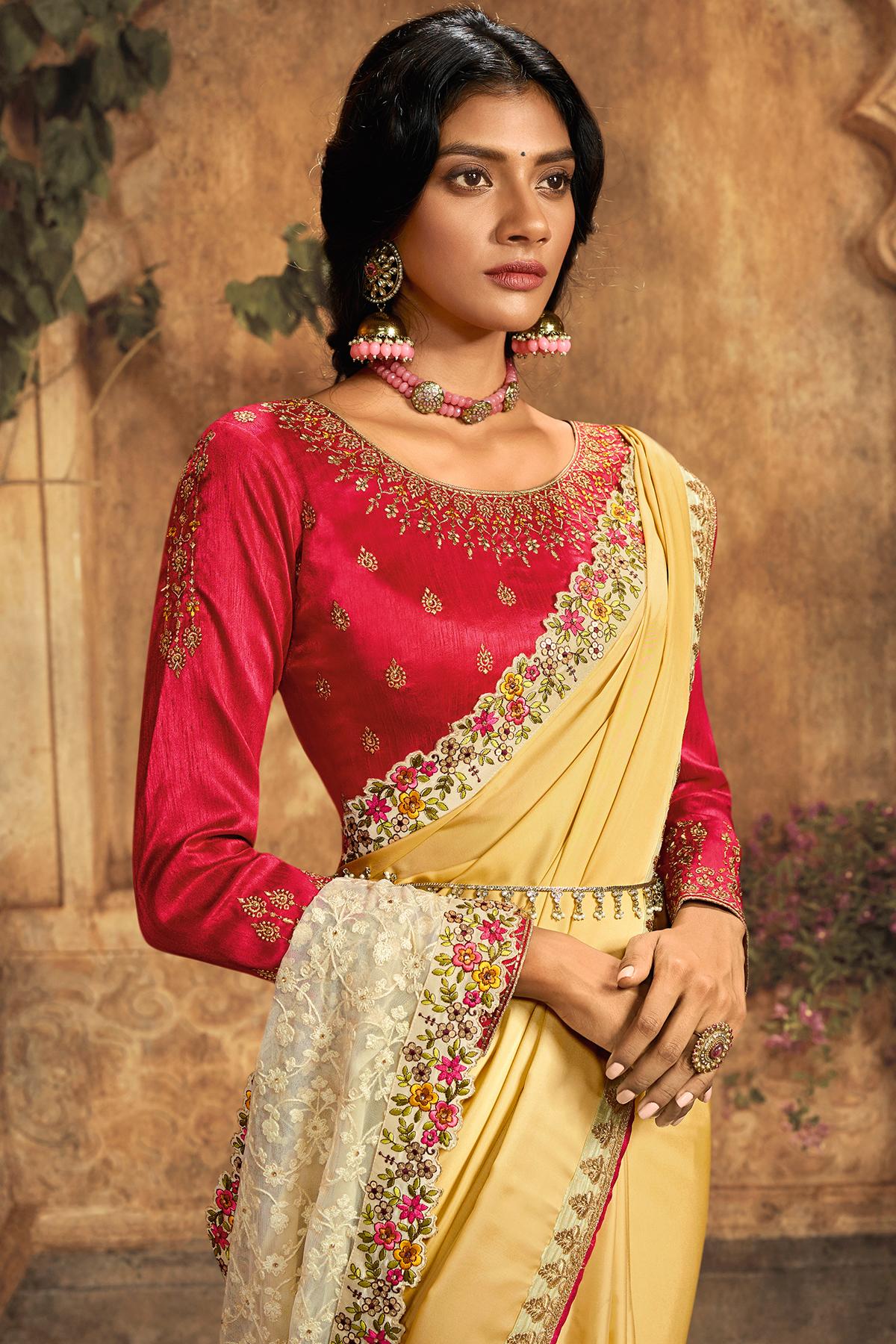Light Yellow And Rani Designer Silk Sari
