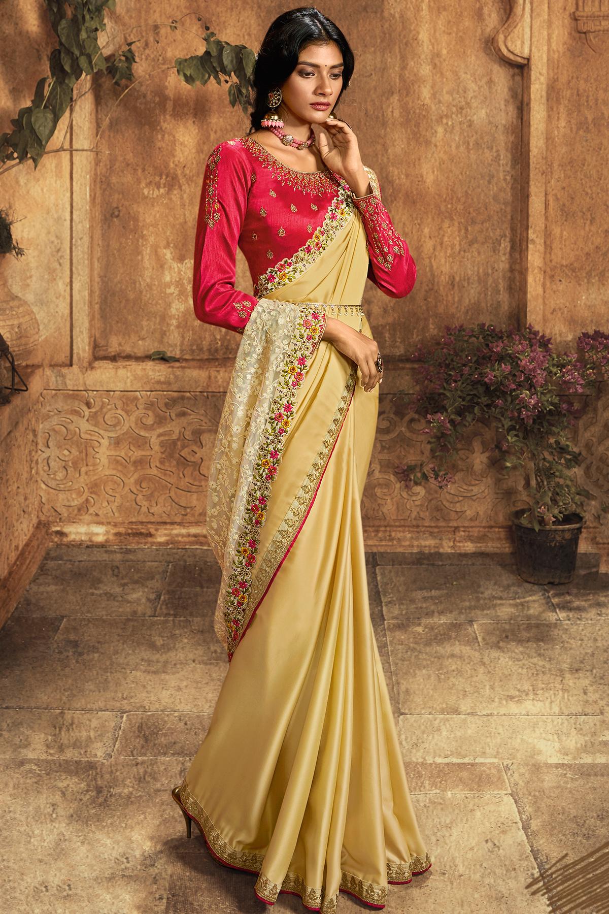 Light Yellow And Rani Designer Silk Sari