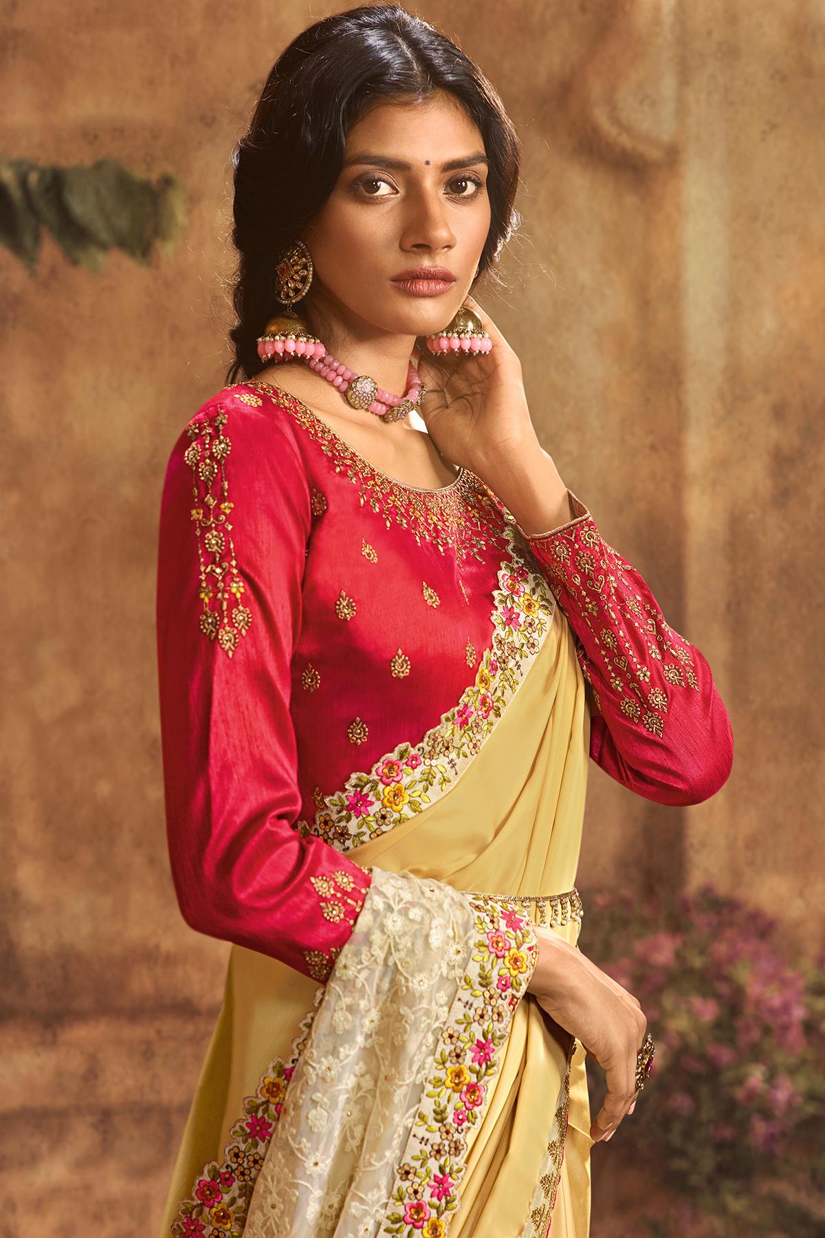 Light Yellow And Rani Designer Silk Sari