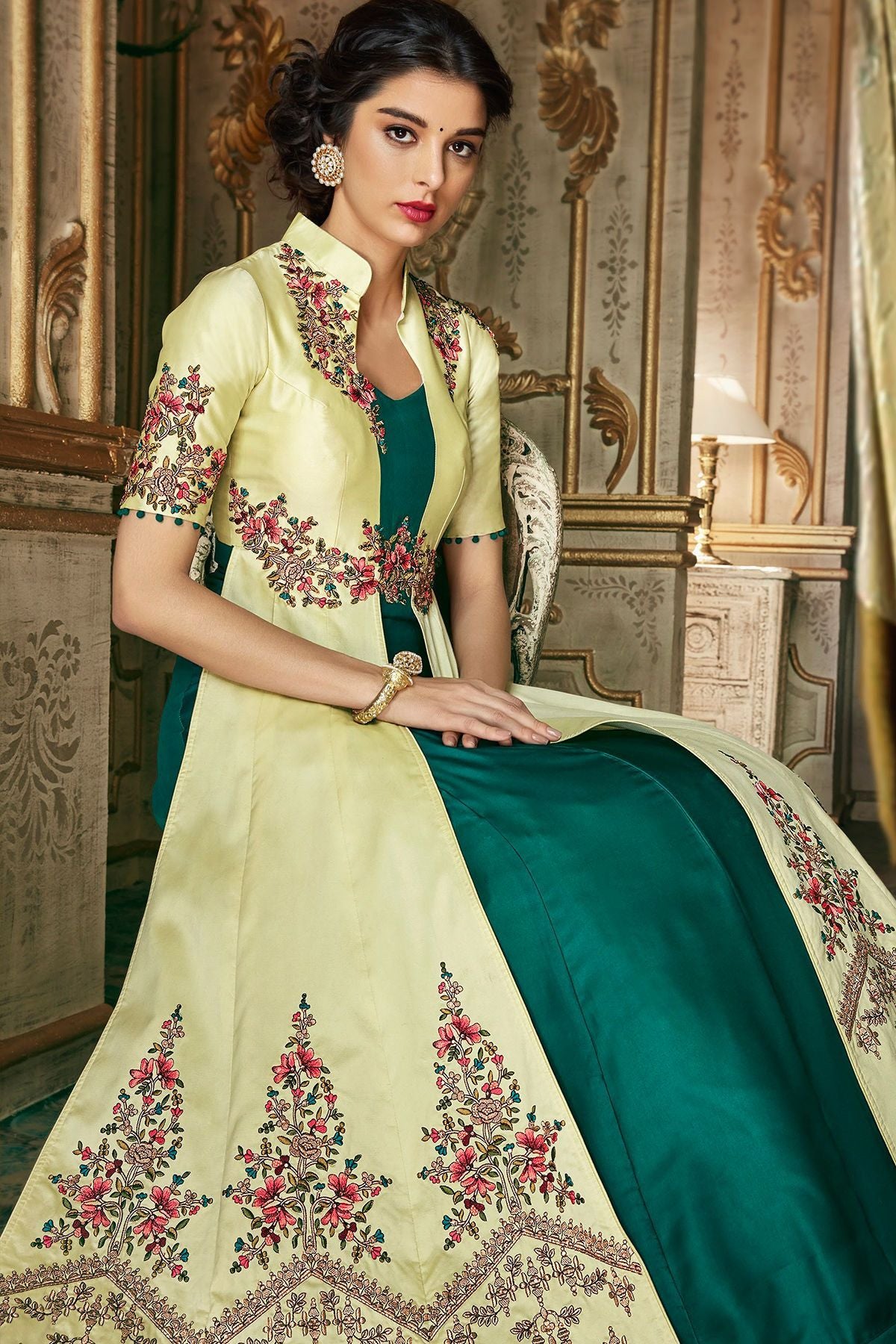 lime And Ocean Blue Party Wear Anarkali Suit