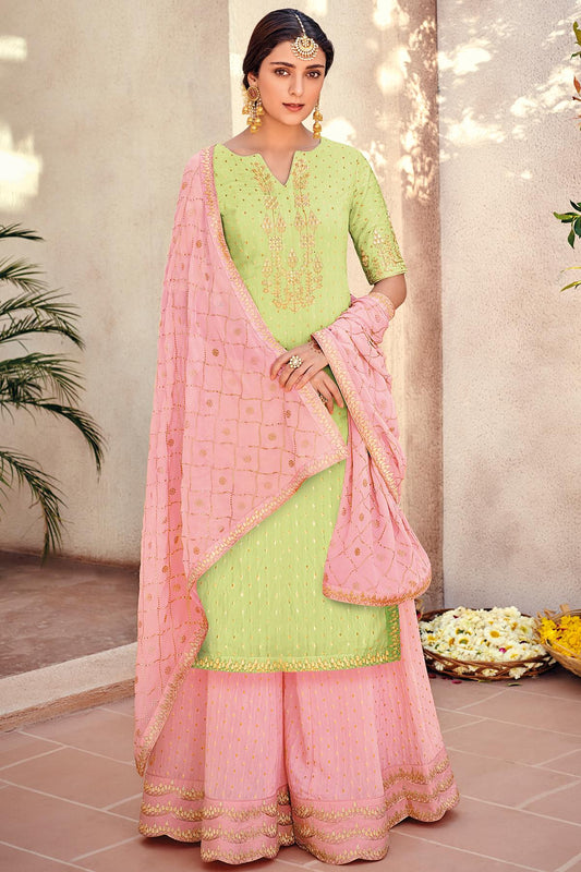 Lime Green And Baby Pink Designer Palazzo Suit