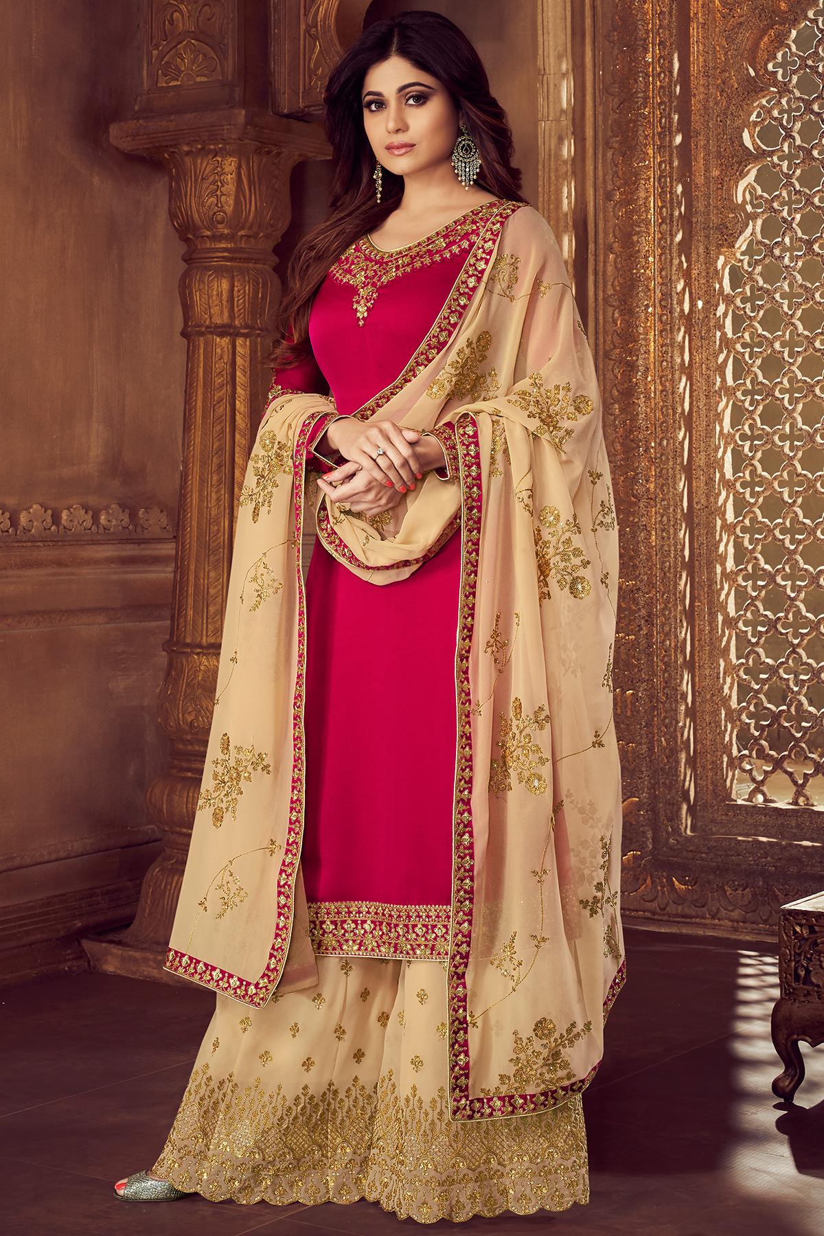 Magenta And Beige Georgette Sharara Suit
