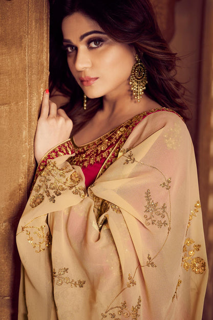 Magenta And Beige Georgette Sharara Suit