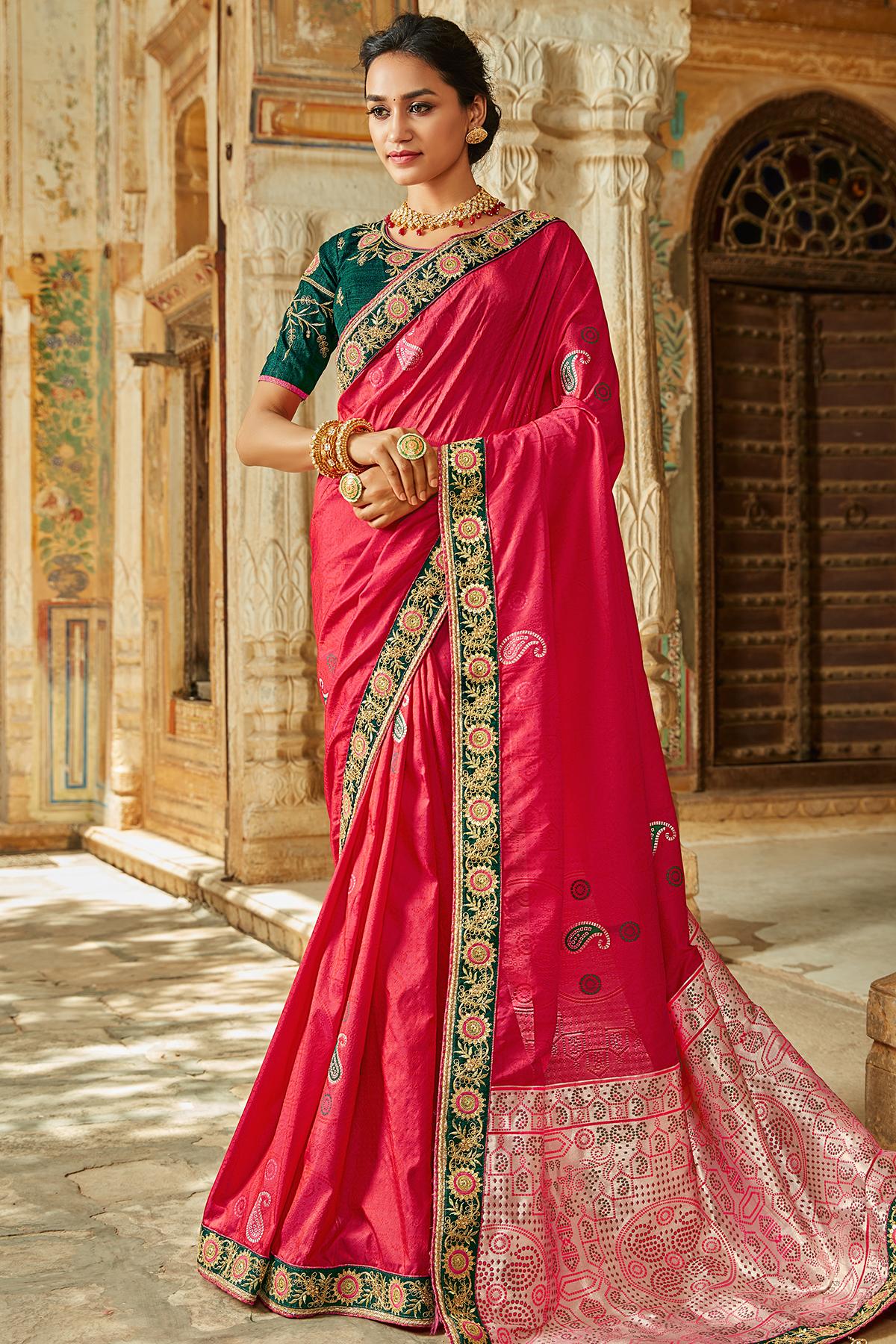 Magenta And Green Banarasi Silk Sari