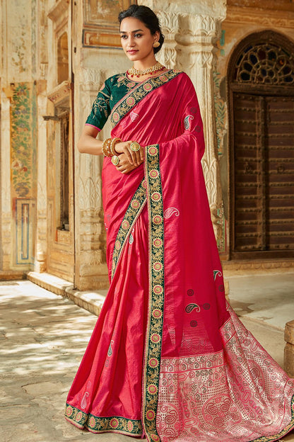 Magenta And Green Banarasi Silk Sari