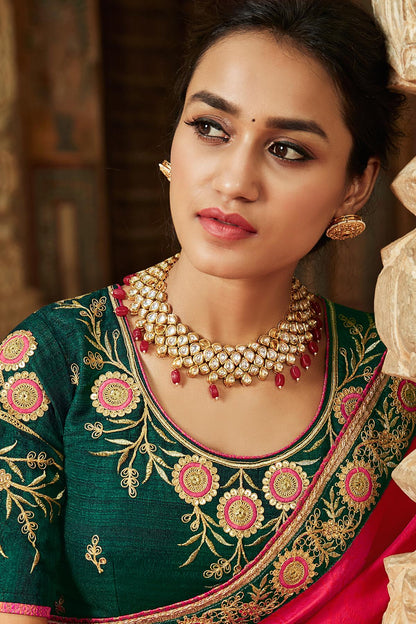 Magenta And Green Banarasi Silk Sari