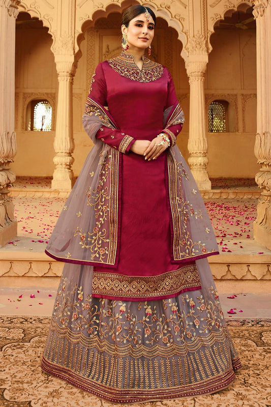 Magenta and Mauve Georgette Lehenga Style Suit