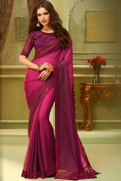 Magenta And Wine Designer Silk Sari