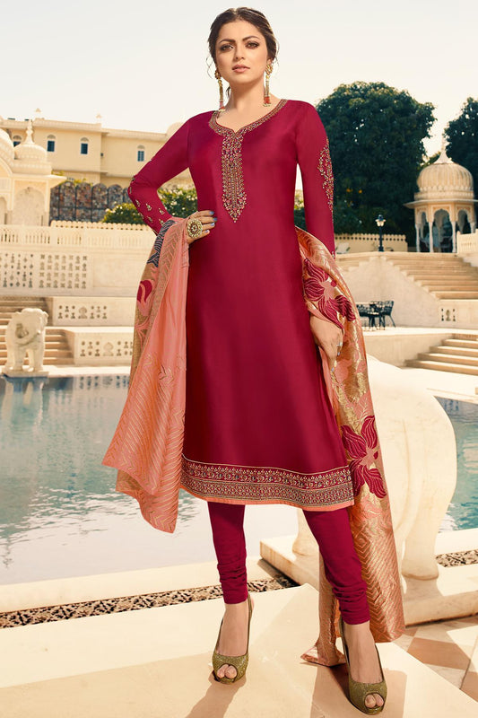 Magenta Designer Embroidered Straight Suit