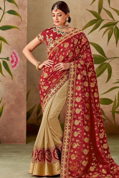 Red and Cream Silk Saree with Silk Blouse