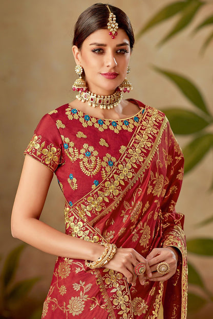 Red and Cream Silk Saree with Silk Blouse