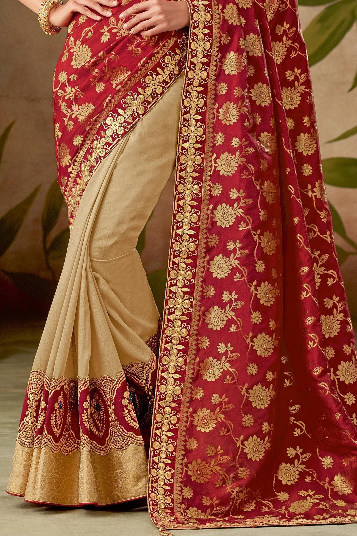 Red and Cream Silk Saree with Silk Blouse