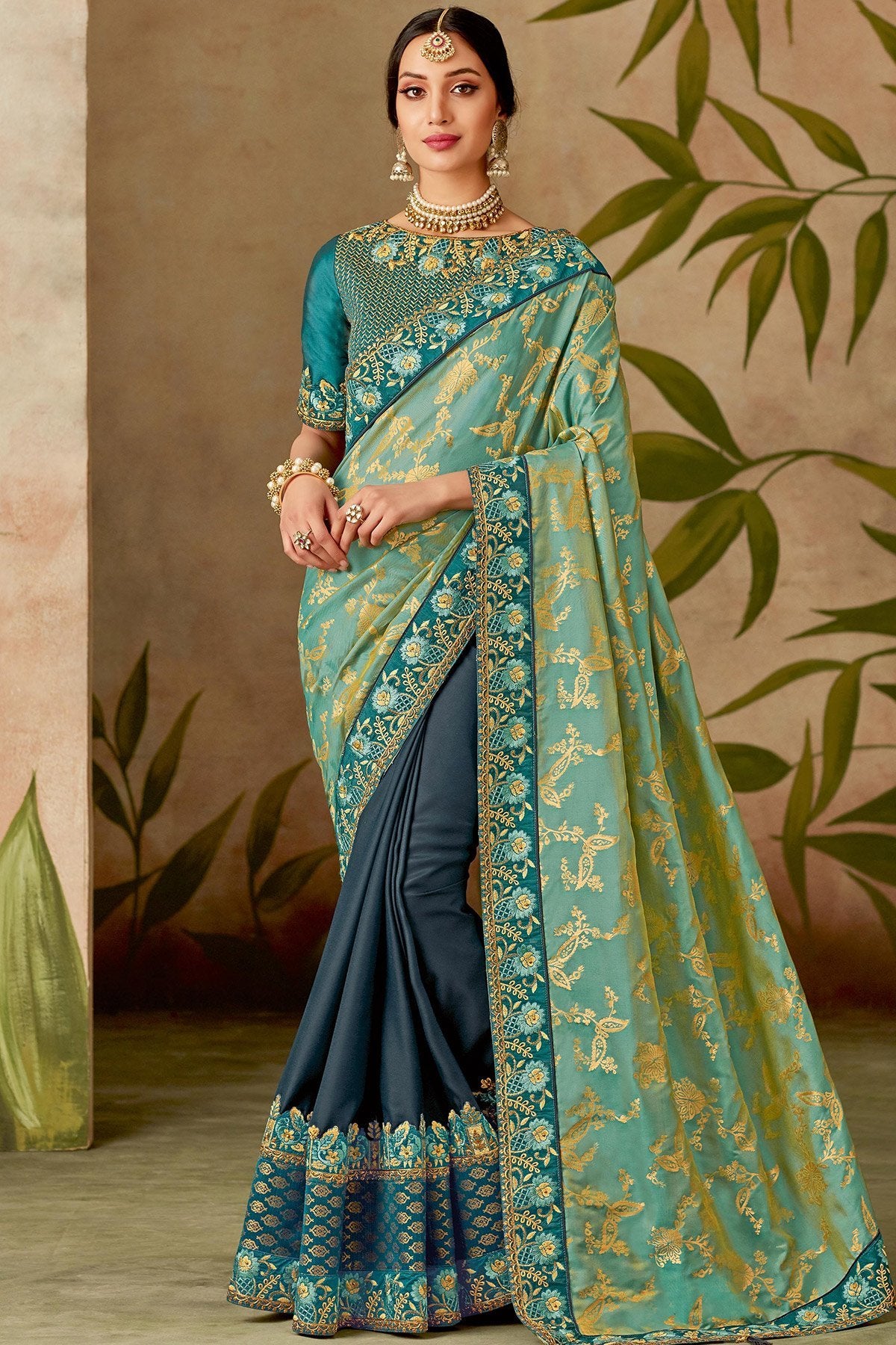 Blue and Gray Silk Saree with Silk Blouse