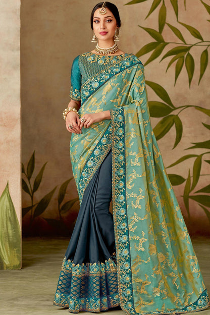Blue and Gray Silk Saree with Silk Blouse