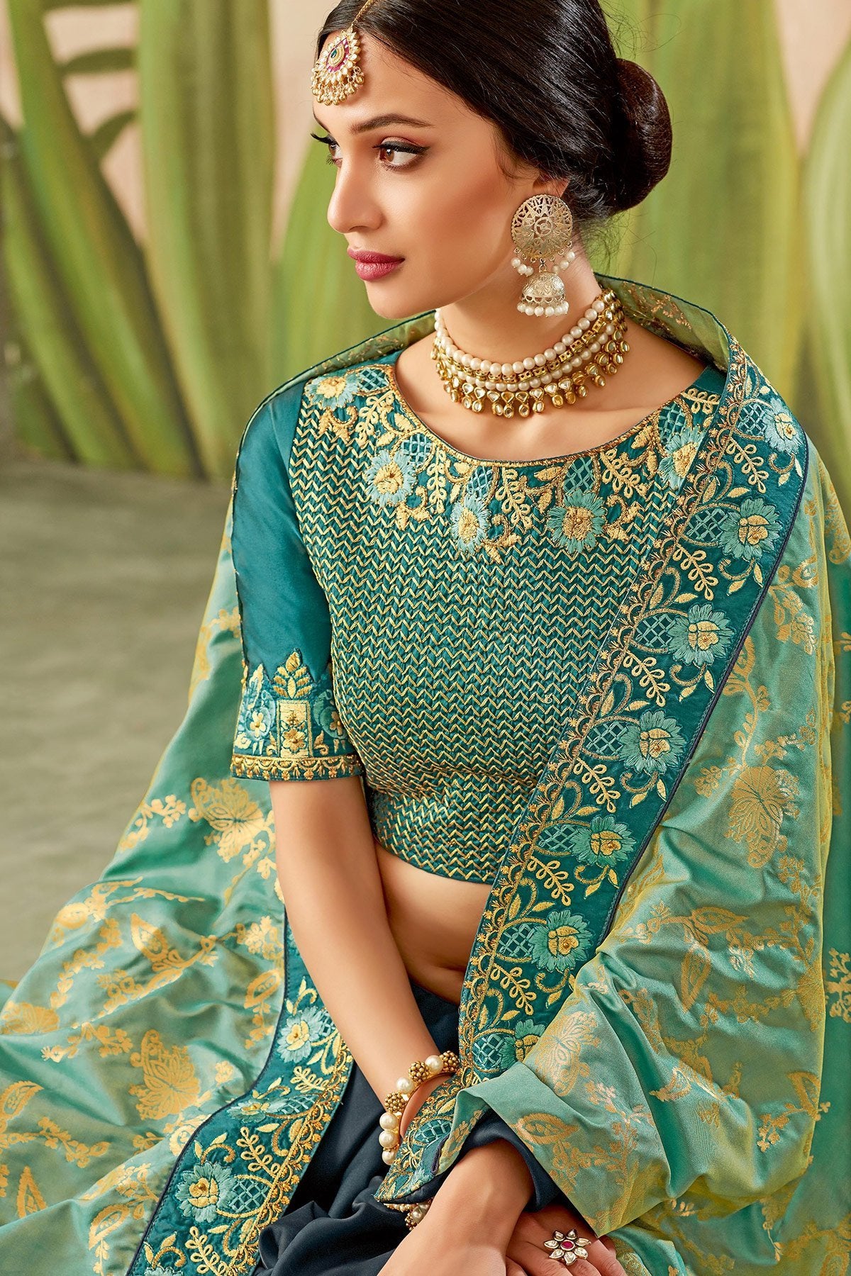 Blue and Gray Silk Saree with Silk Blouse