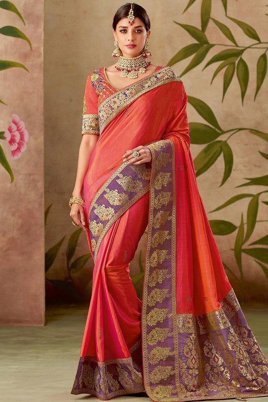 Orange Silk Saree with Purple Paluu and Silk Blouse