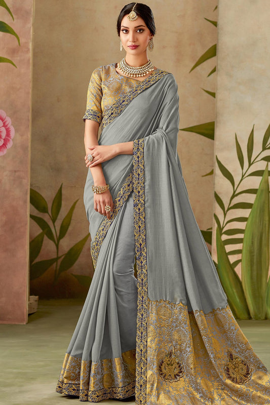 Designer-made Gray Silk Saree with Silk Blouse