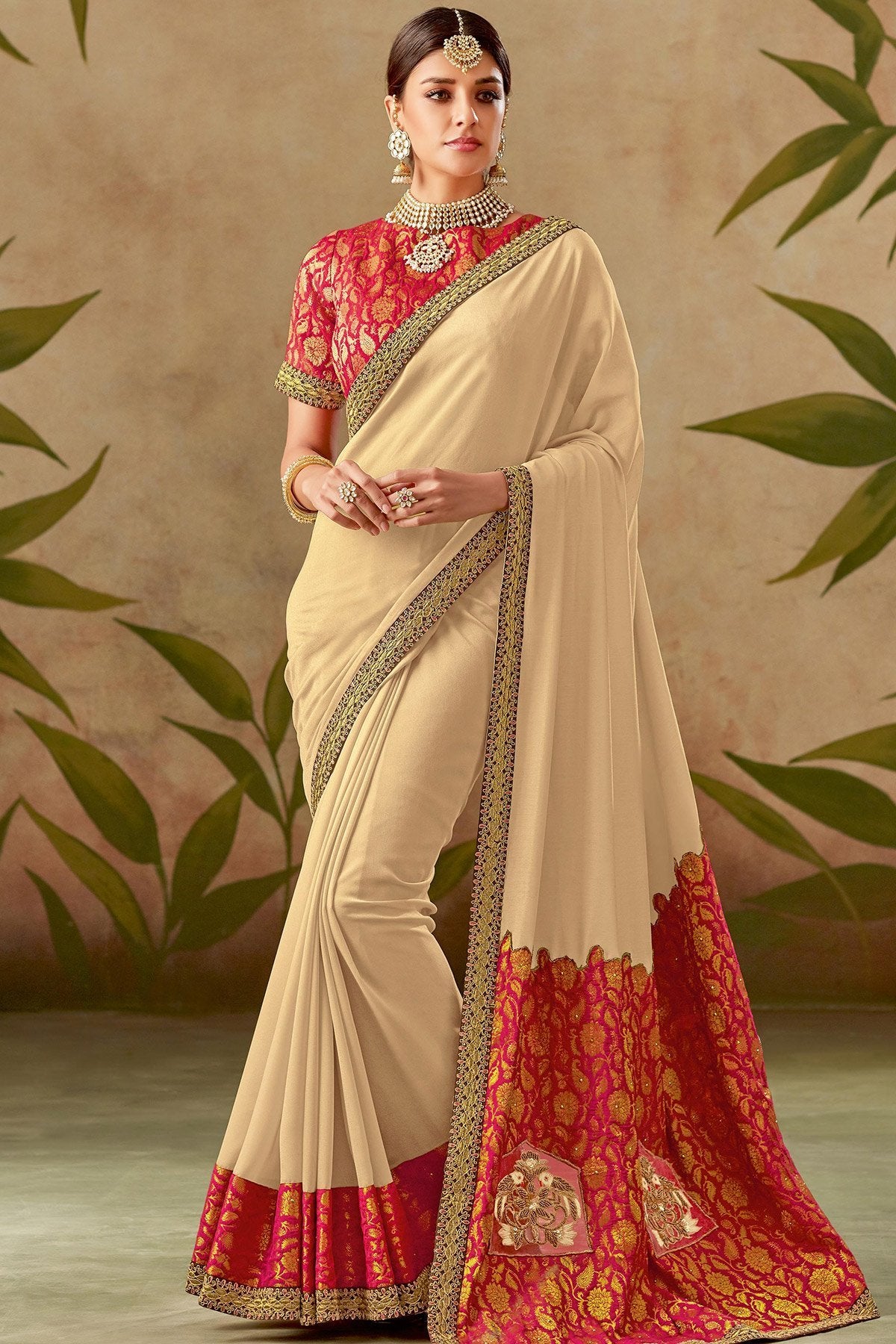 Biege and Red Silk Saree with Silk Blouse