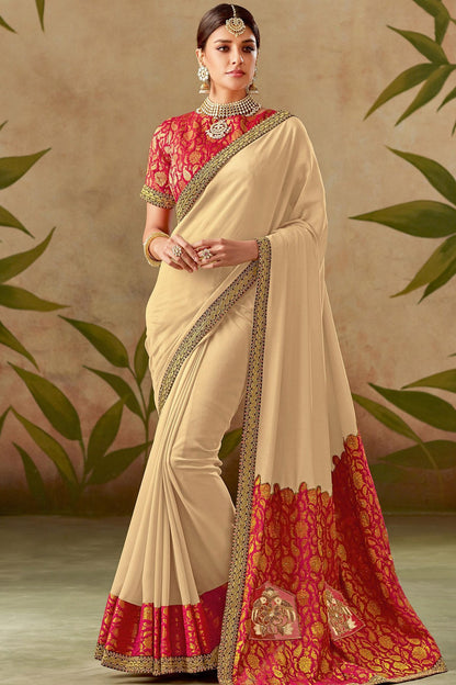 Biege and Red Silk Saree with Silk Blouse