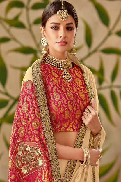 Biege and Red Silk Saree with Silk Blouse