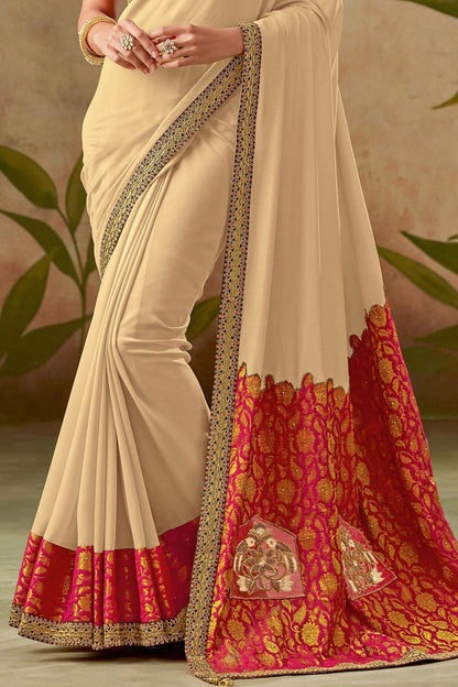 Biege and Red Silk Saree with Silk Blouse