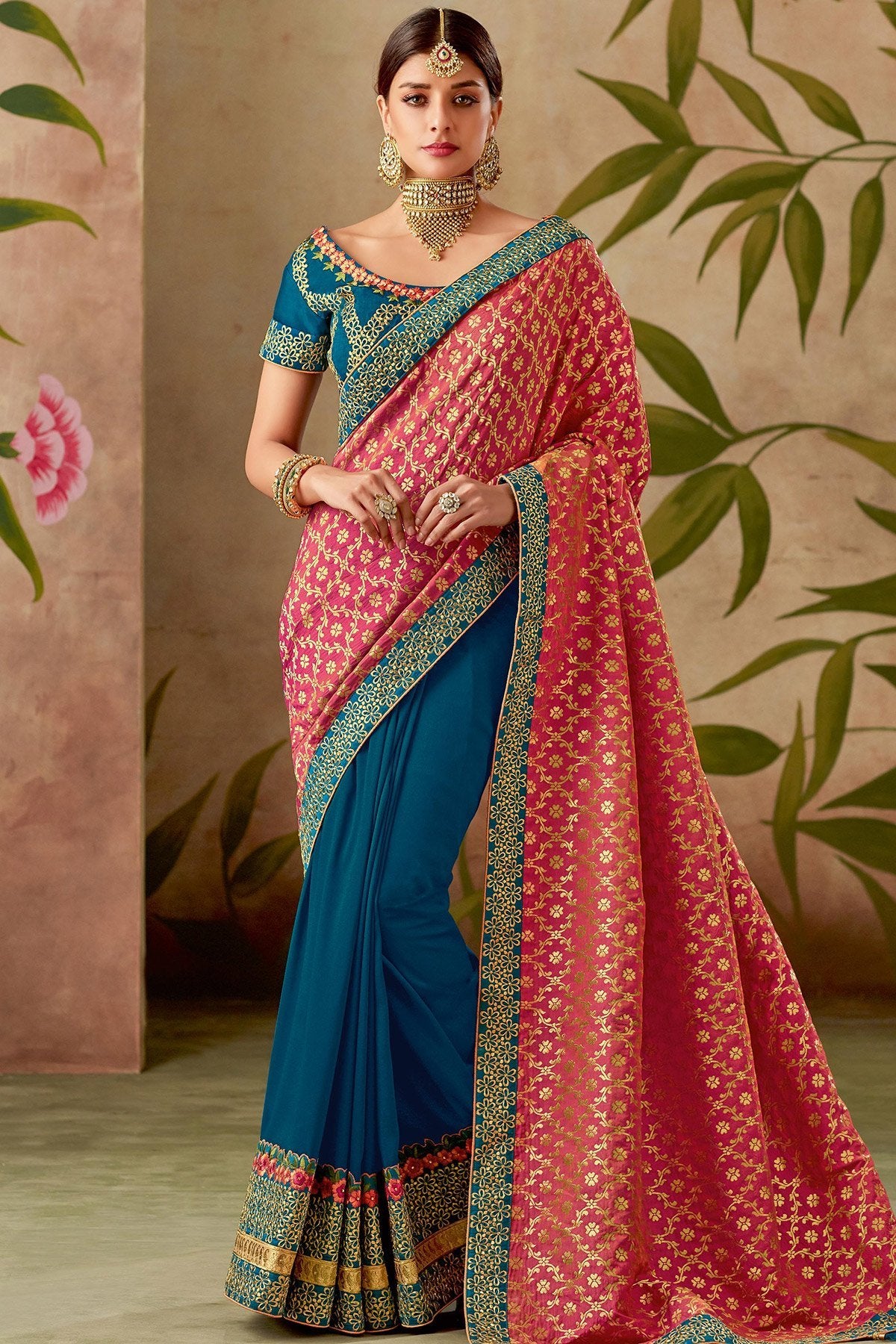 Blue and Pink Silk Saree with Silk Blouse