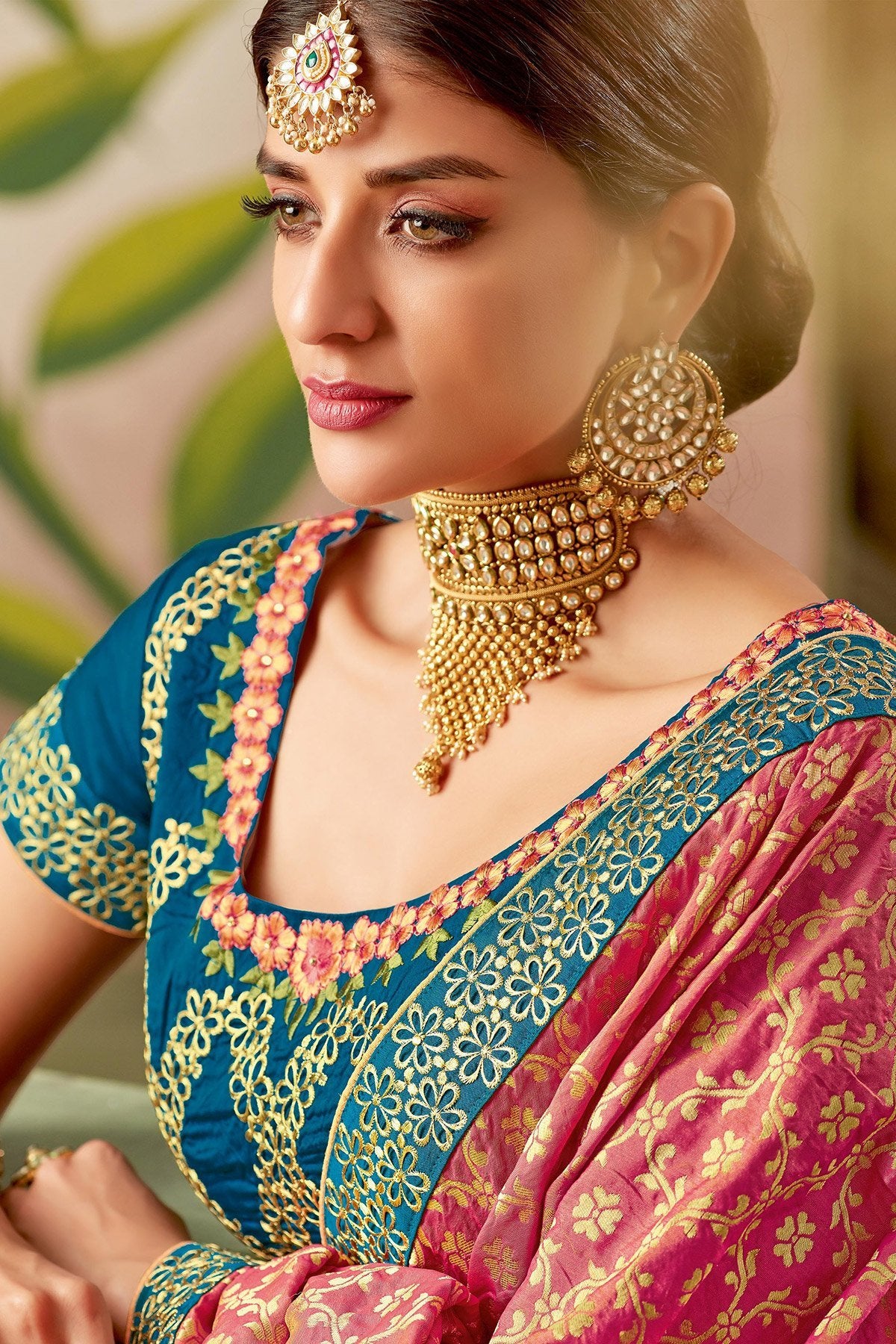 Blue and Pink Silk Saree with Silk Blouse