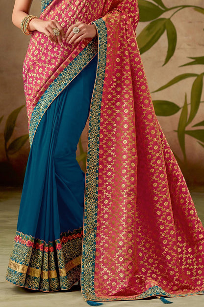 Blue and Pink Silk Saree with Silk Blouse