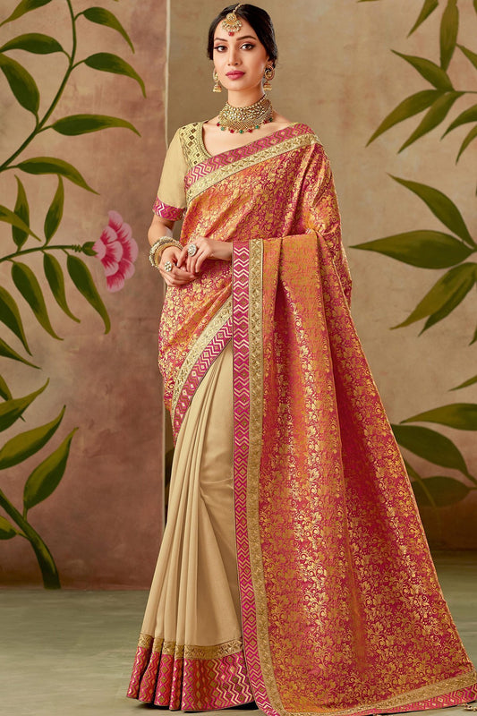 Orange and Biege Silk Saree with Silk Blouse