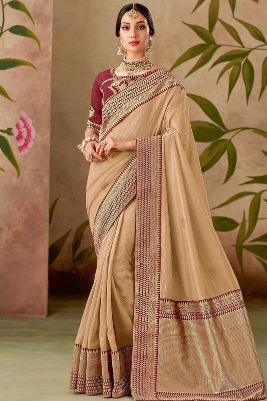 Biege and Maroon Silk Saree with Silk Blouse