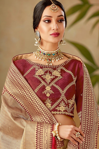 Biege and Maroon Silk Saree with Silk Blouse
