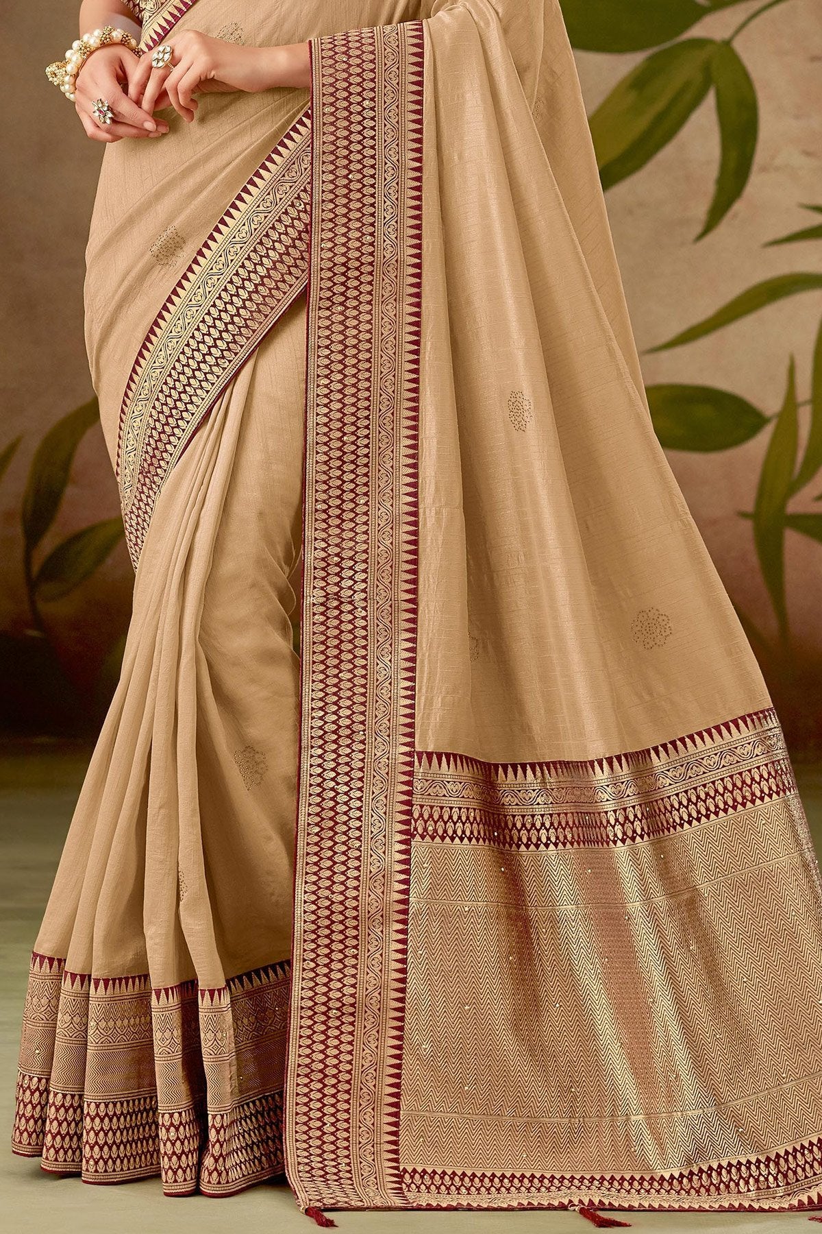 Biege and Maroon Silk Saree with Silk Blouse