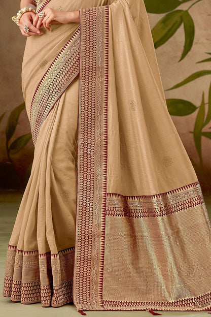 Biege and Maroon Silk Saree with Silk Blouse