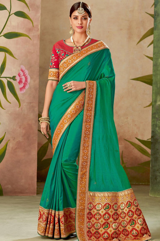 Green and Red Silk Saree with Silk Blouse
