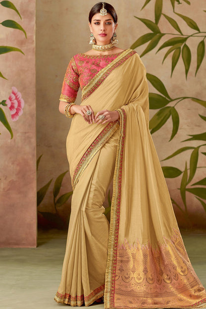 Biege and Pink Silk Saree with Silk Blouse